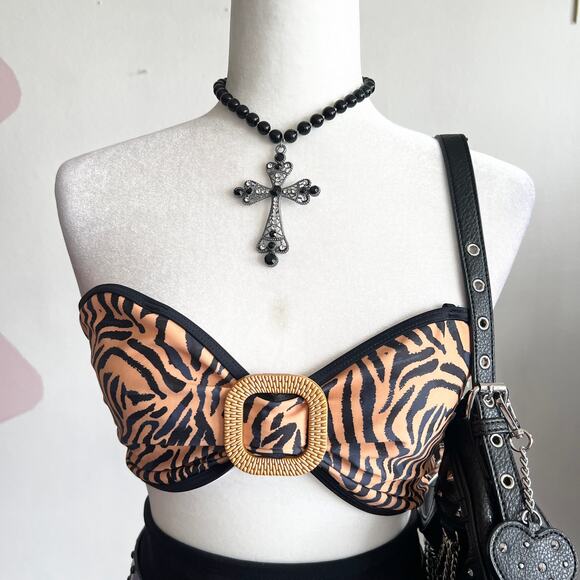 Y2K Brown Buckle Swim Top, 2000s,‎ Bimbo, Retro, Beach, Vintage, Small, Festival - Picture 2 of 3